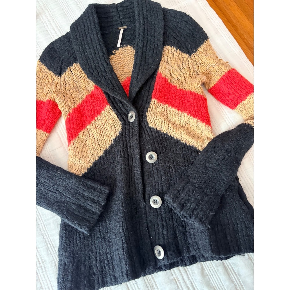Free People Chevron Stripe Shawl Collar Cardigan Sweater Black Red Tan Womens M
